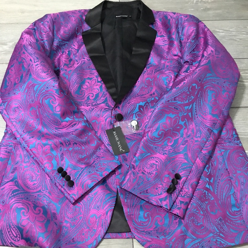 NWT BARRY.WANG Paisley Royal Purple Jacquard Blazer Suit Tuxedo Jacket XL
